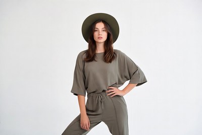 Fashion model poses in studio setting