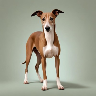 Brown dog standing on green backdrop