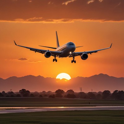 Plane lands at sunset over mountains