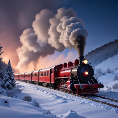 Steam train travels through winter landscape
