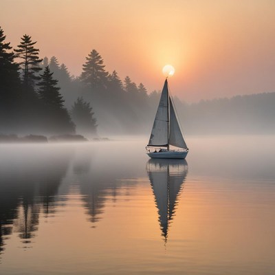 Sailing at sunrise on a calm lake