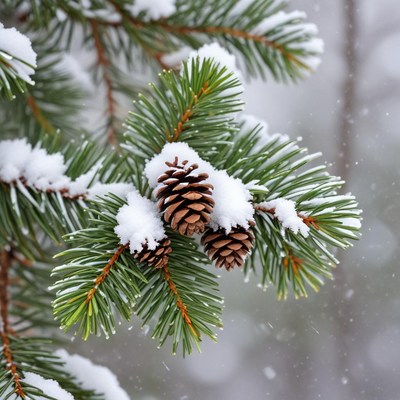 Snow on pine tree branch