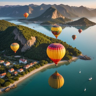 Hot air balloons over a bay