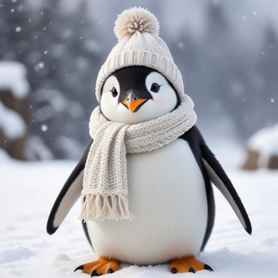 Penguin wearing winter clothing in snow
