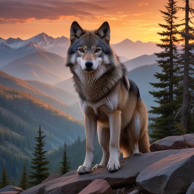 Wolf standing on rocks at sunset