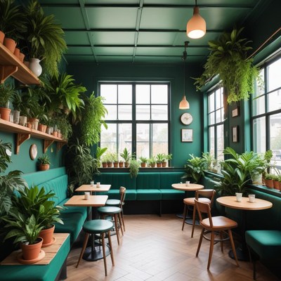 Green plants in a cozy cafe space