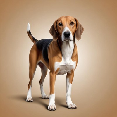 Brown and white dog stands still indoors