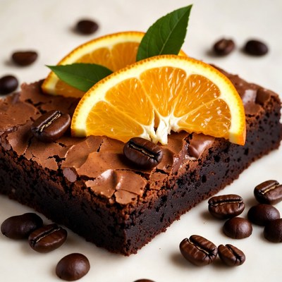 Brownie with orange slices and coffee beans