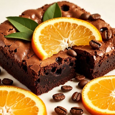 Brownie topped with orange slices and coffee beans