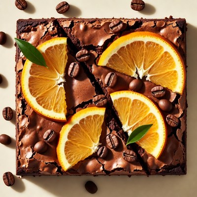 Brownie topped with orange slices and coffee