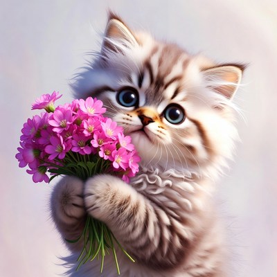 Cute kitten holding flowers