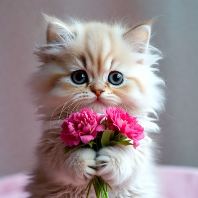 Kitten holding flowers with big eyes
