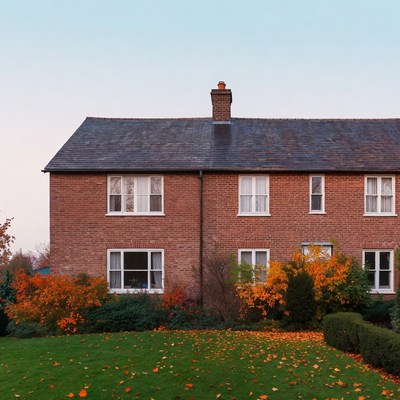 Brick house with autumn leaves in garden