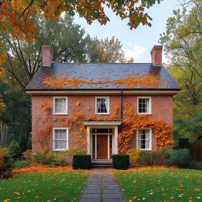 Autumn leaves on a brick house