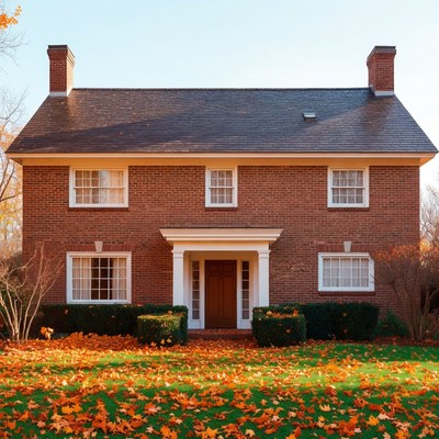 Red brick house with fall leaves