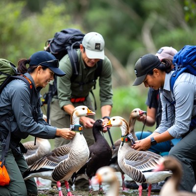 People caring for geese in nature park