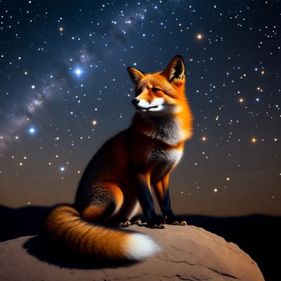 Fox sitting under starry sky
