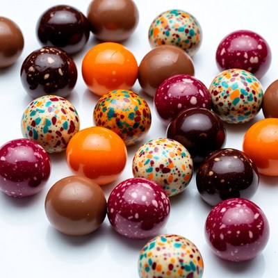 Colorful chocolate rounds on white surface