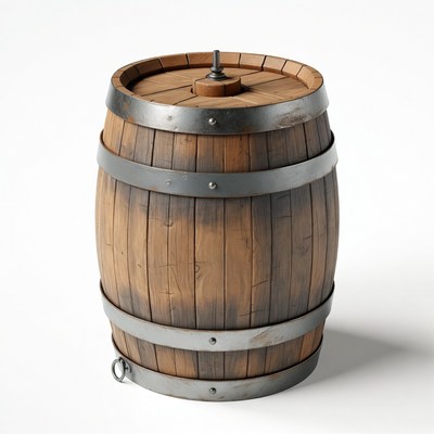 Wooden barrel with metal bands on top
