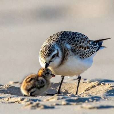 Bird caring for chick on sandy beach