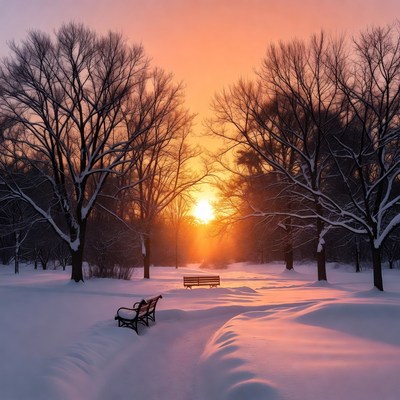 Winter sunset over snow covered park