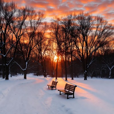 Winter sunset in a snowy park