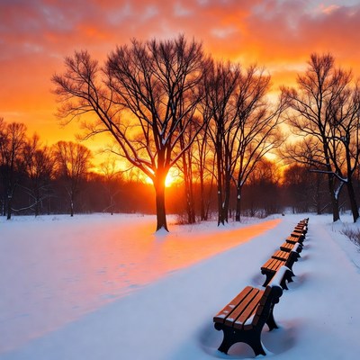 Winter sunset with benches in park