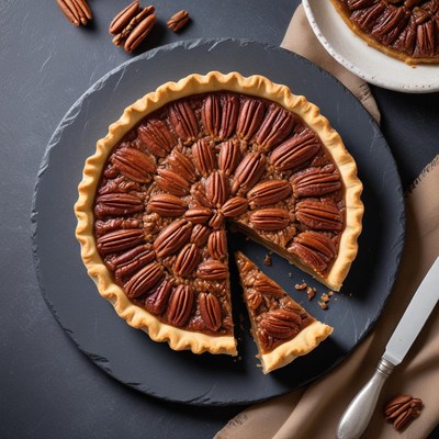 Pecan pie on black plate with slice cut