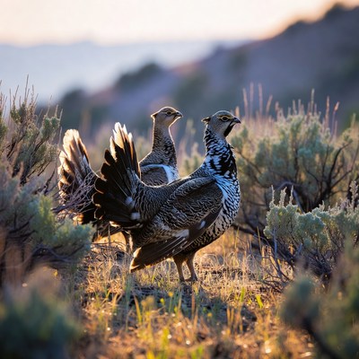 Birds in field at sunset