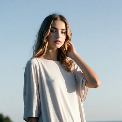 Sunset portrait of young woman by coast