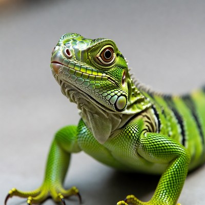 Close view of a green lizard on a surface