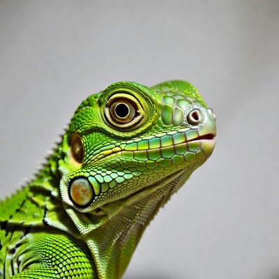 Green lizard close up in studio setting