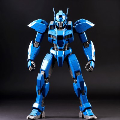Blue robot model stands tall in display