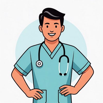 Doctor smiling with stethoscope in blue scrubs