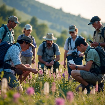 Group studies flowers in field