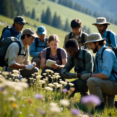 Group studies plants in mountain field