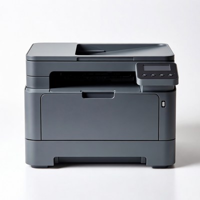 Compact black printer on white backdrop