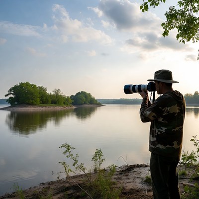 Man capturing nature by the river