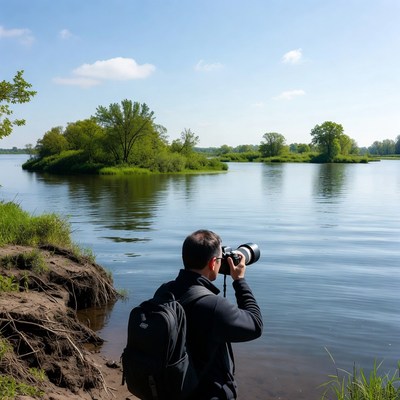 Person taking photos by lake shore