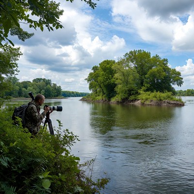 Photographer near a riverbank in summer