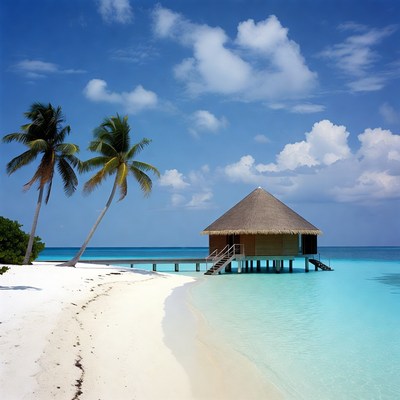 Beach hut by clear water