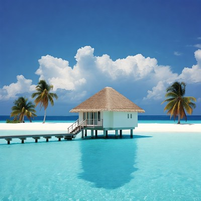 Waterfront hut near blue water