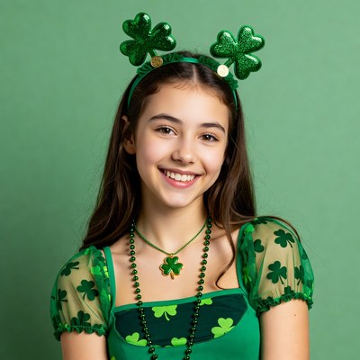 Girl wearing green shamrock accessories