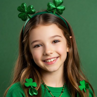 Girl with shamrock accessories smiling
