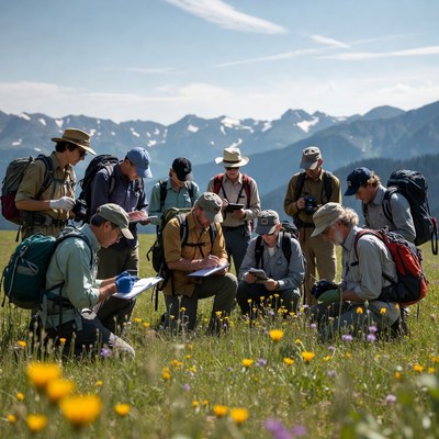 Group studies plants in mountain field