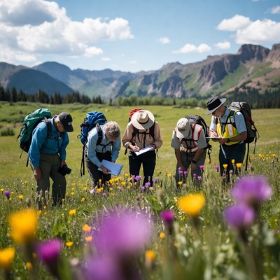 Group studies plants in mountain valley