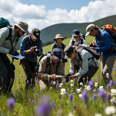 Group studies flowers in field