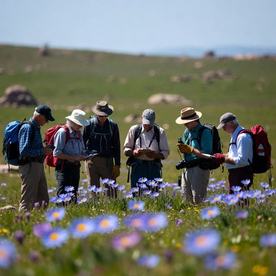 Group of people studying flowers outdoors