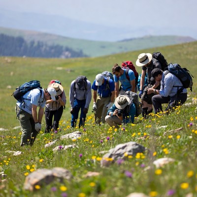 Group studies plants in field