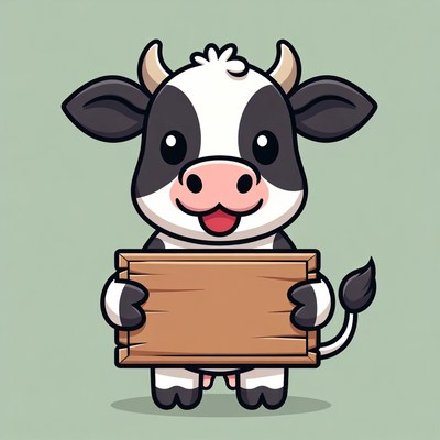 Cute cow holding a wooden sign
